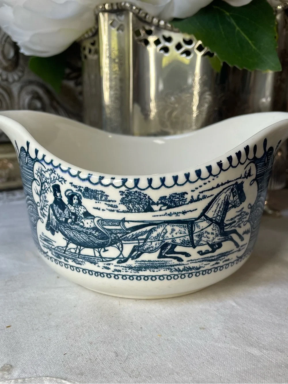 Currier & Ives sleigh ride, blue and white ceramic gravy boat vintage
